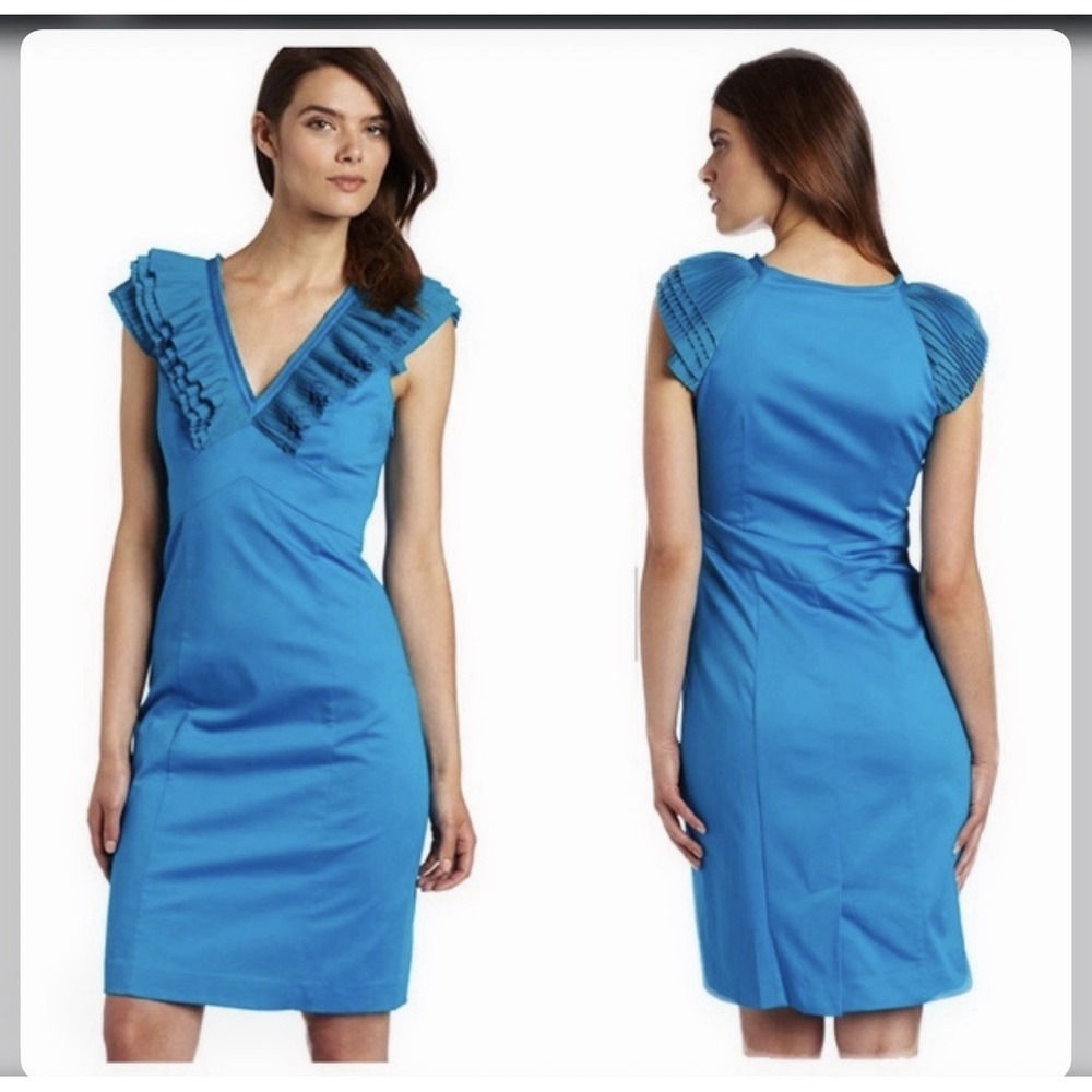 NWT Ted Baker Blue Vneck Ruffle Collar Dress Wedding Event Luxury Sz 2